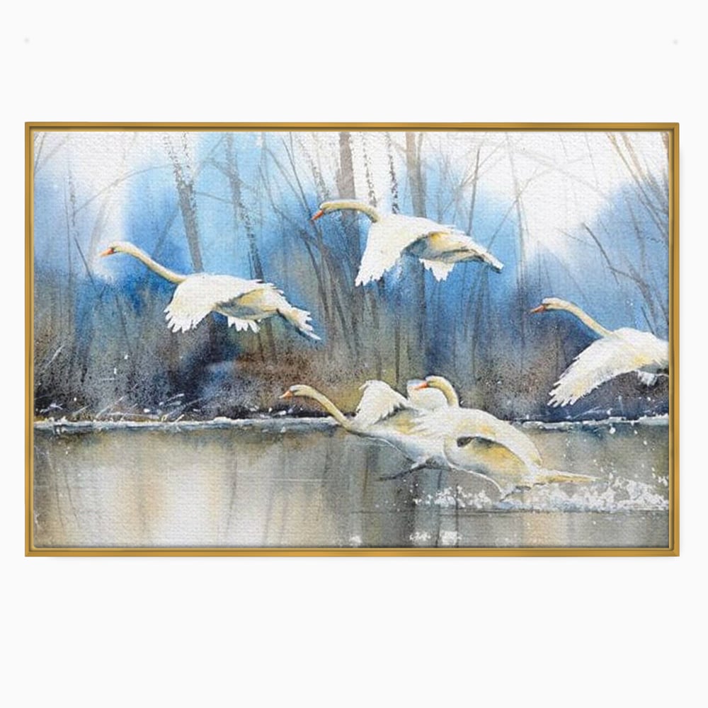 Tablou canvas cu pictura cu lebede pe apa, in rama de aluminiu auriu